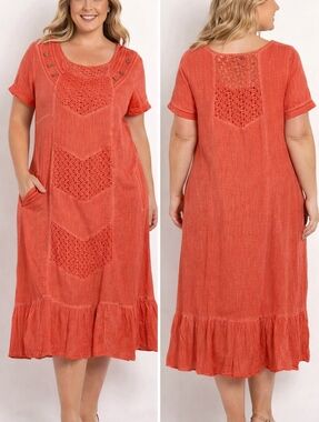 Le’Chana Coral Boho Midi Dress Size 46 (US L/XL) Lace Inset Cotton Linen Side Zi